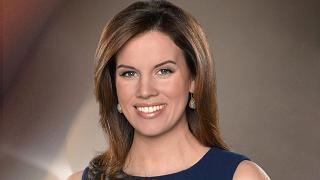 Kelly Evans smiling, wearing earrings, and a dark blue sleeveless blouse.
