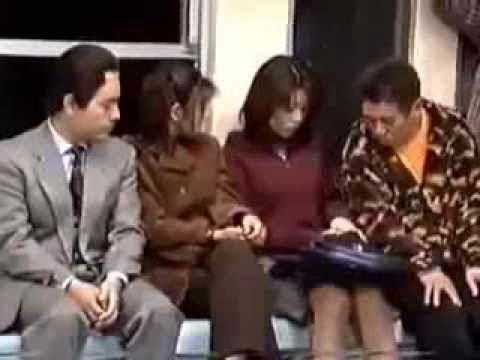 Four people riding on a train in a scene from the Japanese variety show Shimura Ken no Bakatono-sama