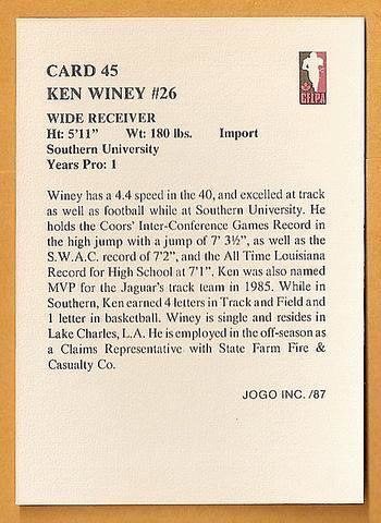 Ken Winey Ken Winey CFL card 1987 Jogo 45 Winnipeg Blue Bombers Southern