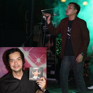 Kenneth Ilagan is serious, performing at a concert event, standing on top of a stage with green lights and smoke, holding the mic with his right hand, has black hair wearing a black shirt under a brown coat, a black watch and black denim pants. At the bottom left, Kenneth is smiling, standing in front of a starry red-pink backdrop, holding an black album jewel case, he has black, shaved mustache, wearing a black watch and black polo.
