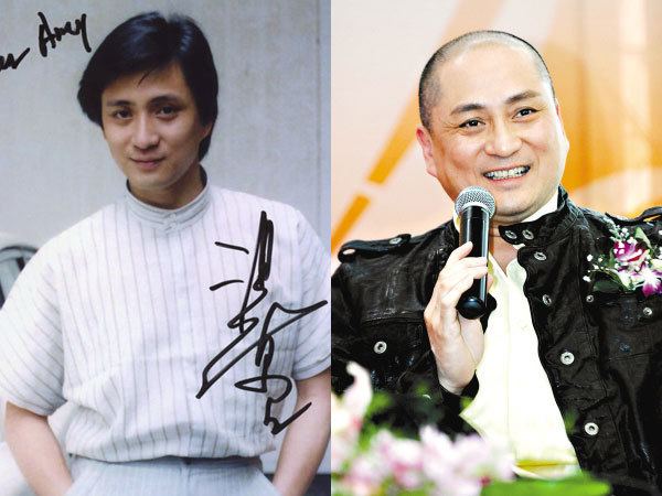 On left, Kent Tong smiling and wearing a white striped shirt with long hair. On right, Kent Tong holding a microphone and smiling and wearing a black jacket.