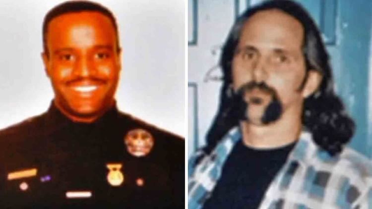 On the left, Kevin Gaines smiling while wearing a police uniform. On the right, Frank Lyga wearing blue and white checkered long sleeves and a black t-shirt