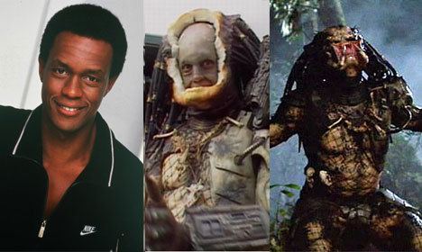 On the left, Kevin Peter Hall (1955-1991) smiling on a white background and wearing a black collared shirt while at the center and on the right are a clipped scene of Kevin dressed as a predator in the movie, "Predator" in 1987 and 1990.