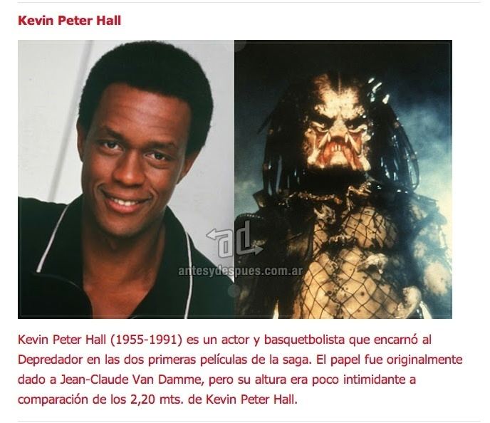 On the left, Kevin Peter Hall (1955-1991) smiling on a white background. While on the right is also Kevin a scene in the movie, "Predator" in 1987 and 1990 with smoke in the background but dressed as a predator, while on the left, Kevin is wearing a black collared shirt.