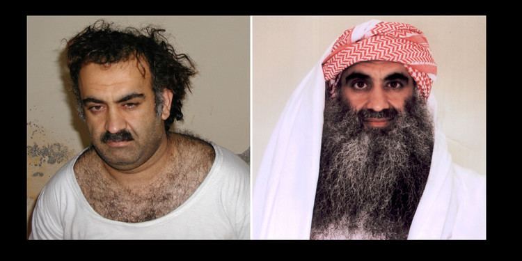 On the left, Khalid Sheikh Mohammed with mustache and wearing a white t-shirt while on the right, he is smiling with a mustache and long beard