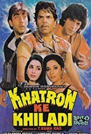 Sanjay Dutt, Dharmendra, Chunky Pandey, Madhuri Dixit, and Neelam Kothari in the movie poster of the 1988 film, Khatron Ke Khiladi