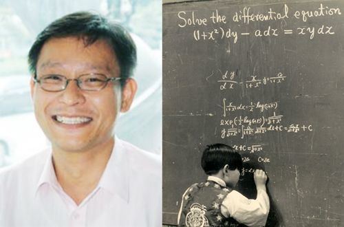 On the left, Kim Ung yong smiling and wearing white polo. On the right young Kim Ung yong solving a differential equation in a Japan Fuji TV show