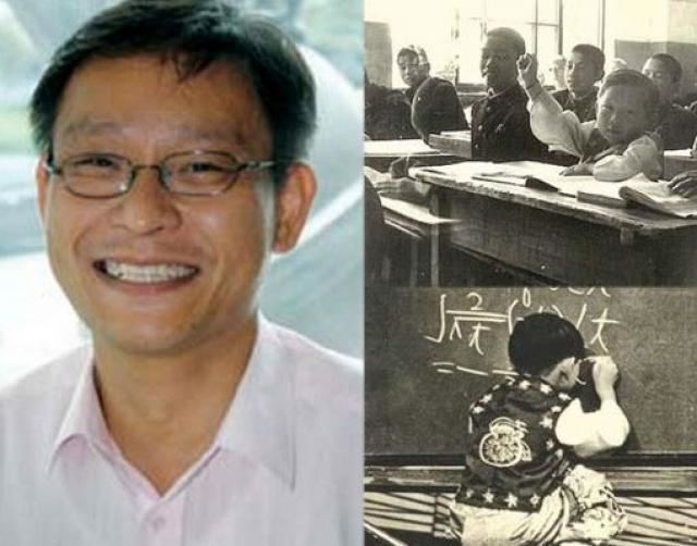On the left, Kim Ung yong smiling and wearing white polo. On the right, young Kim Ung yong attending class and solving a math problem