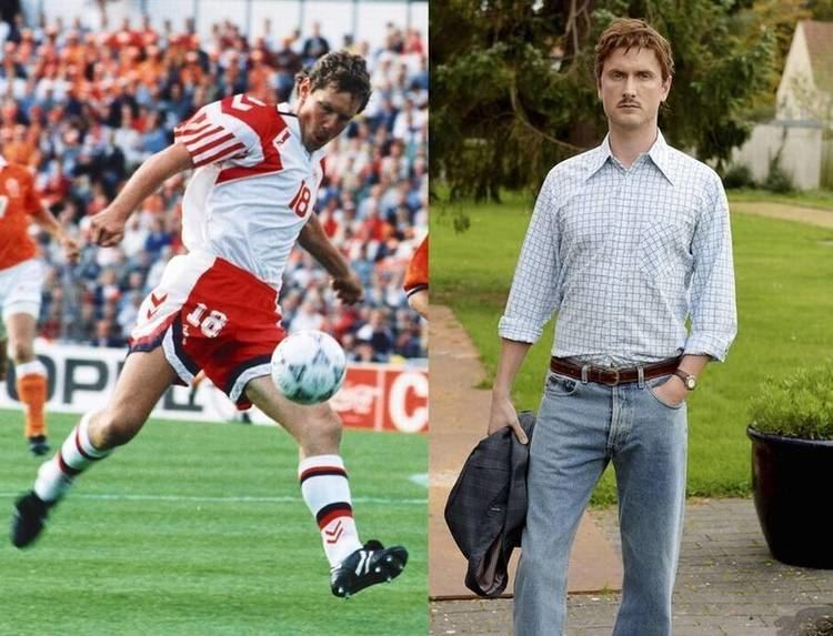On Left, Kim Vilfort playing soccer wearing red and soccer attire. On Right, Kim Vilfort wearing a striped shirt and jeans.