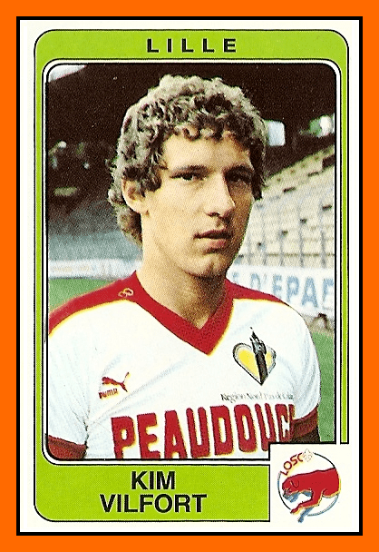 Kim Vilfort featured in a Lille Football Card with thick curly hair and a red and white shirt with a puma logo.