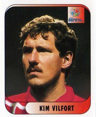 Kim Vilfort featured in a Euro 96 England Football Card with mustache.