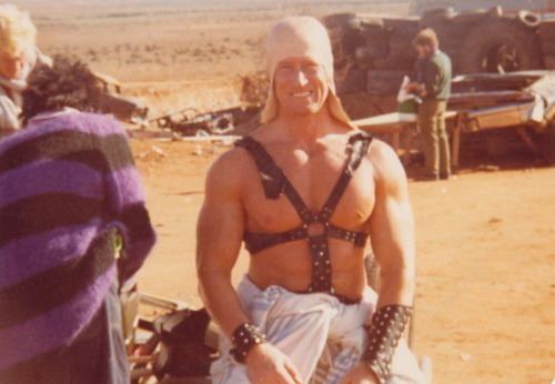 Kjell Nilssonon on the set of Mad Max:The Road Warrior