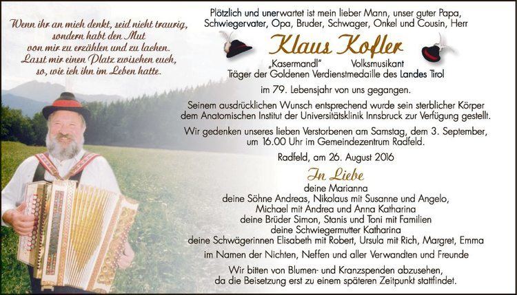 Klaus Kofler Traueranzeige von Klaus Kofler vom 31082016