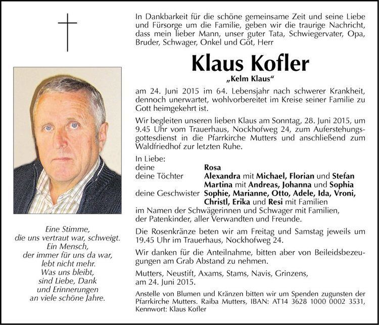 Klaus Kofler Traueranzeige von Klaus Kofler vom 26062015
