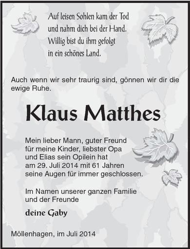 Klaus Matthes Klaus Matthes Nordkurier Anzeigen