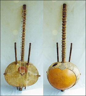 On the left, the front of a Kora, a long-necked harp lute made of wood and nylon strings. On the right, is the back of a Kora.