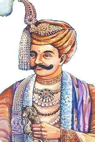Krishnadevaraya with mustache and wearing a brown turban, blue scarf, necklaces, and brown robe