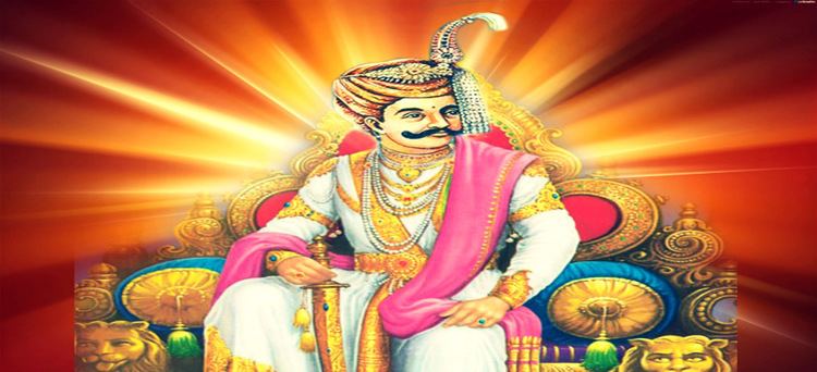 Krishnadevaraya sitting on his throne while wearing a white robe with gold-work thread and pink sash