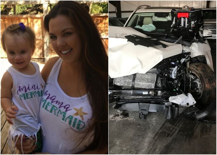 On the left, Krystal Keith smiling while carrying a baby, and on the right, Krystal Keith's wrecked car