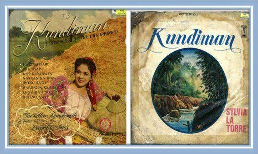 On the left is a CD jacket of a Kundiman collection with a woman smiling and holding a grass and hat while wearing a pink dress and bandana. On the right is another CD jacket of Kundiman by Sylvia La Torre