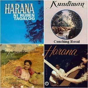 On the upper left, CD jacket of Harana ni Ruben Tagalog. On the lower left is a CD jacket of a Kundiman collection with a woman smiling and holding a grass and hat while wearing a pink dress and bandana. On the upper right is another CD jacket of Kundiman by Conching Rosal. On the lower right, CD jacket of Harana