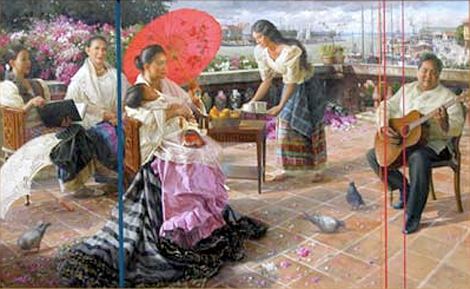 A painting of a man serenading a woman sitting on a chair, holding an umbrella and a baby with two other women at the back and another woman serving food and drinks. The four women are wearing baro't saya while the man is wearing barong Tagalog and black pants