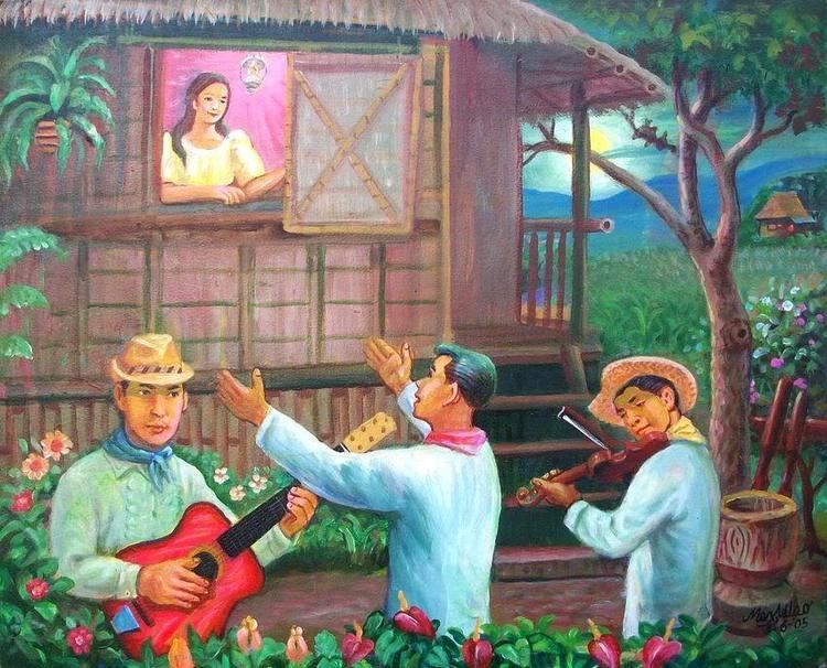 A painting of three men serenading a woman. The man on the left is playing guitar, the man at the center is singing kundiman, and the other man is playing violin in front of the house of the woman
