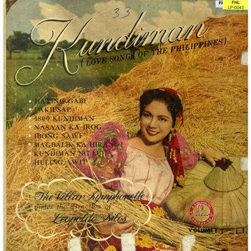 CD jacket of a Kundiman collection with a woman smiling and holding a grass and hat while wearing a pink dress and bandana.