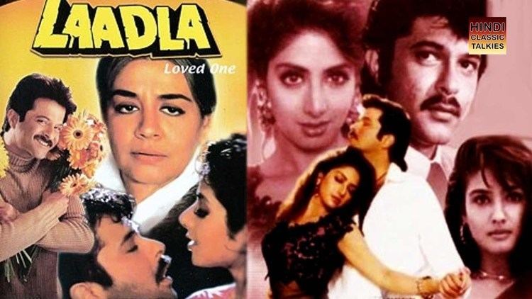 On the left, Sridevi, Anil Kapoor, and Farida Jalal in the movie poster of the 1994 film Laadlaer while, on the right are some scenes from the movie