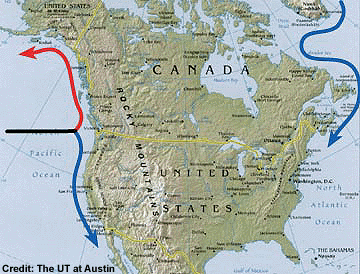 The map of North America with red, blue, and black arrows.