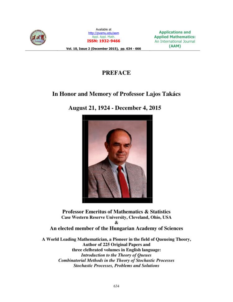 Lajos Takács In Honor and Memory of Professor Lajos Takcs PDF Download Available