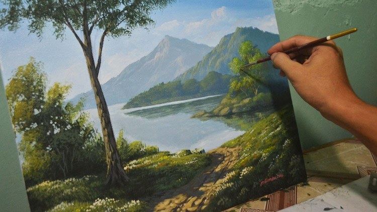 Landscape painting Acrylic Landscape Painting Lesson Morning in Lake by JmLisondra