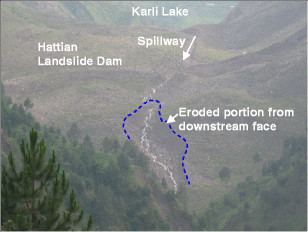 Landslide dam Front view of the landslide dam Rim of the eroded region on