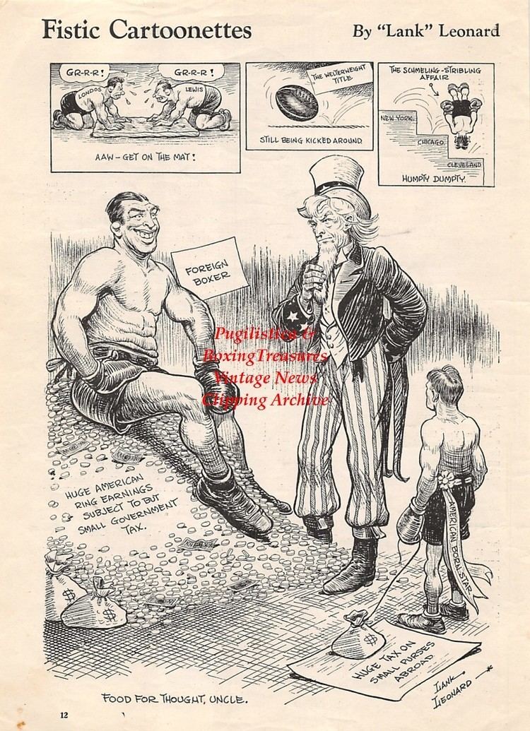 Lank Leonard Boxing News Clipping 1868 Boxing Taxes cartoon by Lank Leonard