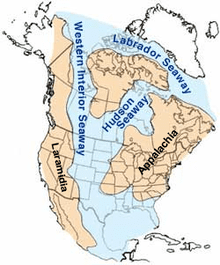 Map of North America during the Middle Cretaceous Period, illustrating the Western Interior Seaway and other nearby waterways