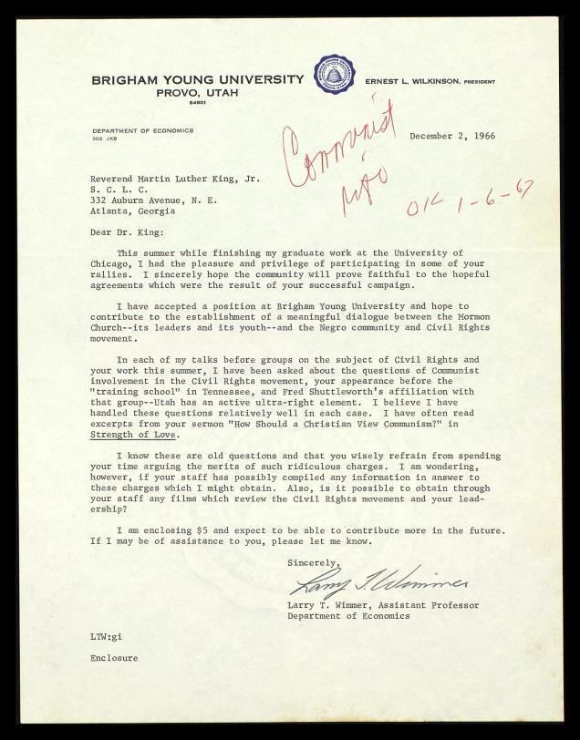 Larry T. Wimmer Letter from Larry T Wimmer to MLK The Martin Luther King Jr