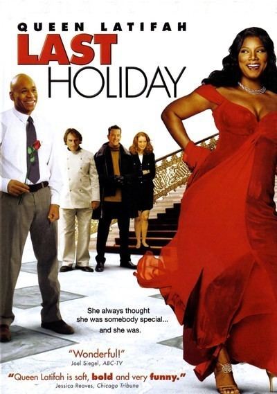 The movie poster of Last Holiday (2006 film), on a white background is the title “Queen Latifah” Last Holiday written on top and a white staircase with red carpet and gold railings, from left LL Cool J is smiling, standing, holding a rose with his right hand, he has bald head wearing a white long sleeve polo with gray necktie black belt and gray pants with brown shoes, 2nd from left, Gérard Depardieu is serious, standing, in front of a staircase, he has brown hair wearing a white chef coat, white pants and black shoes, 3rd from left, Matt Ross is happy, standing with his hands clasped he has black hair wearing a yellow shirt under a black coat, black gloves and black pants with black shoes, 4th from left, Alicia Witt is smiling, standing with hands crossed she has curly long blond hair wearing a white shirt under a black coat, black bracelet and a black skirt with black shoes, at the right, Queen Latifah is happy, standing with her hands on her waist, she has long black curly hair, wearing a silver necklace and a red long dress with gold high heels, at the bottom is words “.She always thought she was somebody special.. And she was "Wonderful!" "Joel Siegel” ABC.TV “ "Queen Latifah is soft, bold and very funny." Jessica Reaves, Chicago tribune.