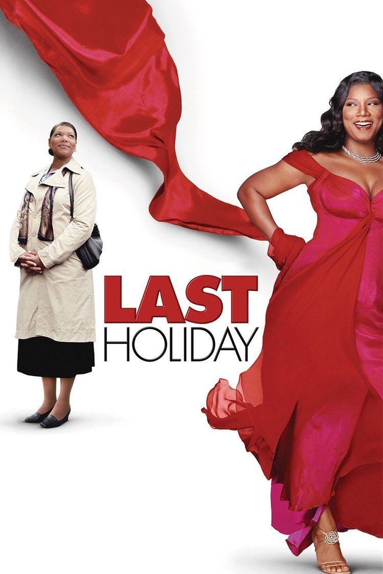 The movie poster of Last Holiday (2006 film), on a white background with the title “LAST HOLIDAY” On the left is Queen Latifah is smiling, looking up to his left, with her hand clasped while holding her black bag on left shoulder, she has black hair wearing a long cream coat with a brown scarf a long black skirt and a black shoes, at the right, Queen Latifah is happy, standing with her hands on her waist, she has long black curly hair, wearing a silver necklace and a red long dress with a gold high heels,