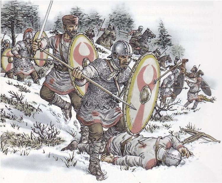 Late Roman army soldiers fighting in a snow covered terrain and wearing winter soldier clothing.