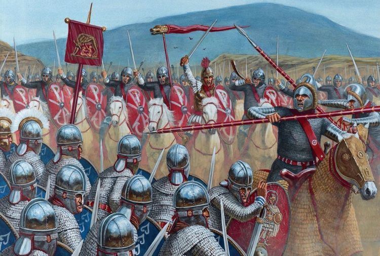 A Late Roman army charging into battle with their different ranks of soldiers.