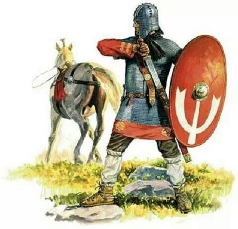 A Late Roman army soldier training for combat in full battle gear and with his horse on the side.