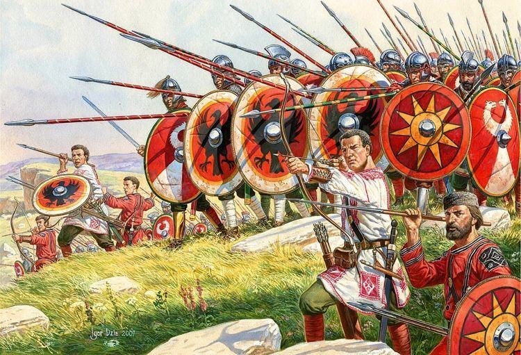The Late Roman army in a phalanx battle formation with archers and spearmen outside the shield wall.