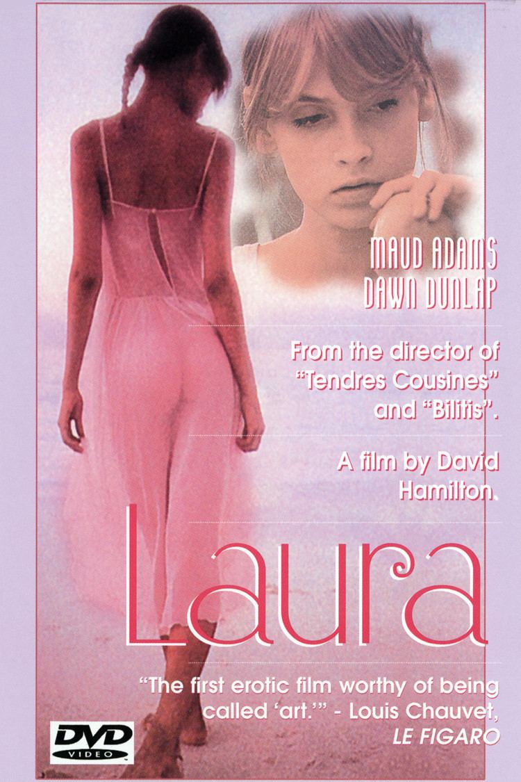 In the Laura (1979 film) movie poster on left is Laura, who has brown braided hair wearing a white sleeveless dress. On right is also Laura being serious, has brown hair with bangs, and her left hand holding an apple.