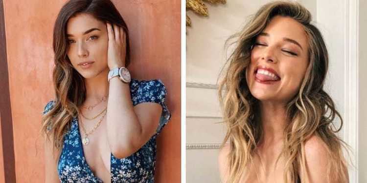 On the left, Lauren Summer smiling while holding her head, with curly long hair, wearing necklaces, a watch, and a sexy blue floral top. On the right, Lauren Summer smiling with closed eyes and sticking her tongue out and with curly hair.