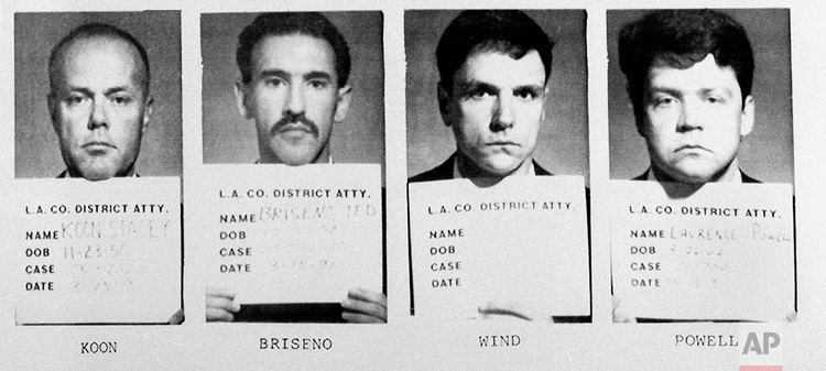 Stacey Koon and officers Theodore Briseno, Laurence Powell and Timothy Wind are shown, March 14, 1991. (AP Photo/LA District Attorney)
