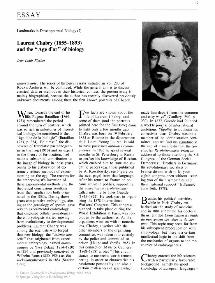 Laurent Chabry Laurent Chabry 18551893 and the Age dor of biology Springer