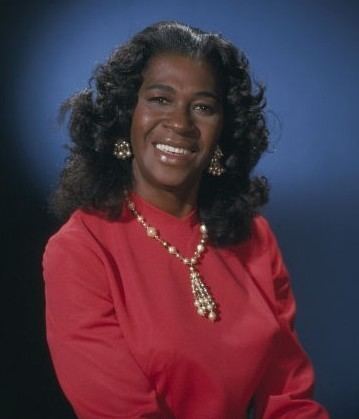 LaWanda Page smiles while wearing a pink long-sleeved shirt, pair of earrings, and a necklace
