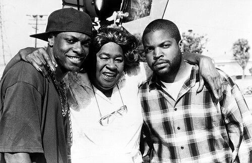 The cast of the movie Friday (1995) starring Ice Cube as Craig Jones, Chris Tucker as Smokey, and Lawanda Page as an Old lady