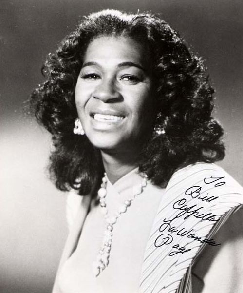 Smiling LaWanda Page in black and white