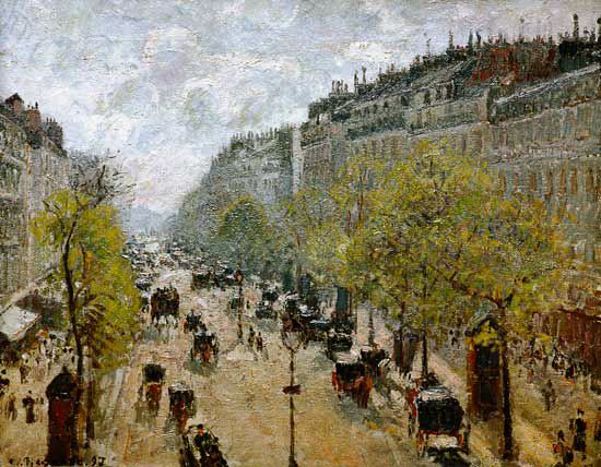 The Boulevard Montmartre on a Spring Morning - Le Boulevard Montmartre,  MatinÃ©e de Printemps" Camille Pissarro - Artwork on USEUM